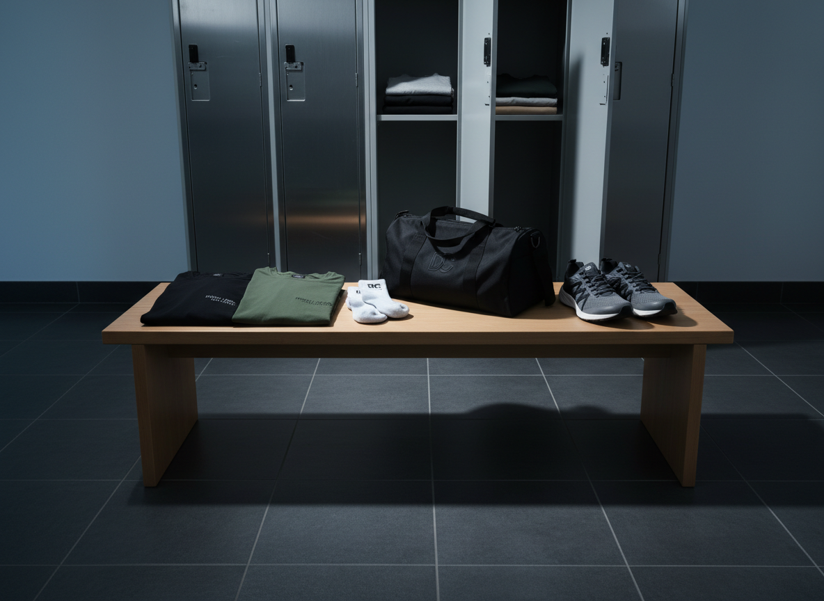 A carefully styled gym locker scene featuring only products from Direct Clothers: neatly folded black and dark olive training shirts on a bench, rolled performance socks, a minimalist duffel bag with a small embossed logo, and a pair of structured running shoes side by side. The open metal locker doors reveal additional folded joggers on a top shelf, all in neutral, coordinated tones. The environment is modern and spotless, with brushed metal textures and a slate tile floor. Cool, diffused overhead lighting combines with a subtle side light to create soft, directional shadows and gentle highlights on fabric surfaces. Shot at a slightly elevated angle with a balanced composition, the photographic realism and orderly arrangement convey reliability and a disciplined, professional brand image.