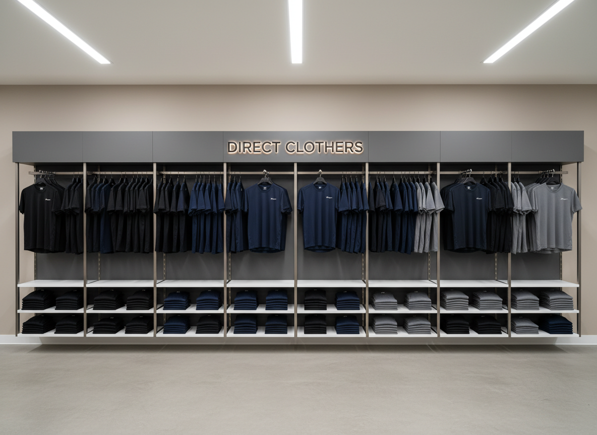 A clean, organized retail display wall for men’s athletic wear in a Direct Clothers showroom, featuring rows of neatly hung performance shirts in muted tones of black, navy, and steel grey, arranged by gradient. Below, folded joggers and shorts are stacked perfectly on sleek, white shelving with subtle metal edges. A minimal, backlit Direct Clothers logo panel sits centered above the display. Neutral grey flooring and a pale taupe wall create a calm, structured environment. Overhead recessed LED lighting casts soft, uniform illumination, highlighting the products without glare. Shot from a straight-on, eye-level perspective with sharp focus and symmetrical composition, the scene feels corporate, modern, and meticulously orderly, emphasizing the brand’s professional identity.