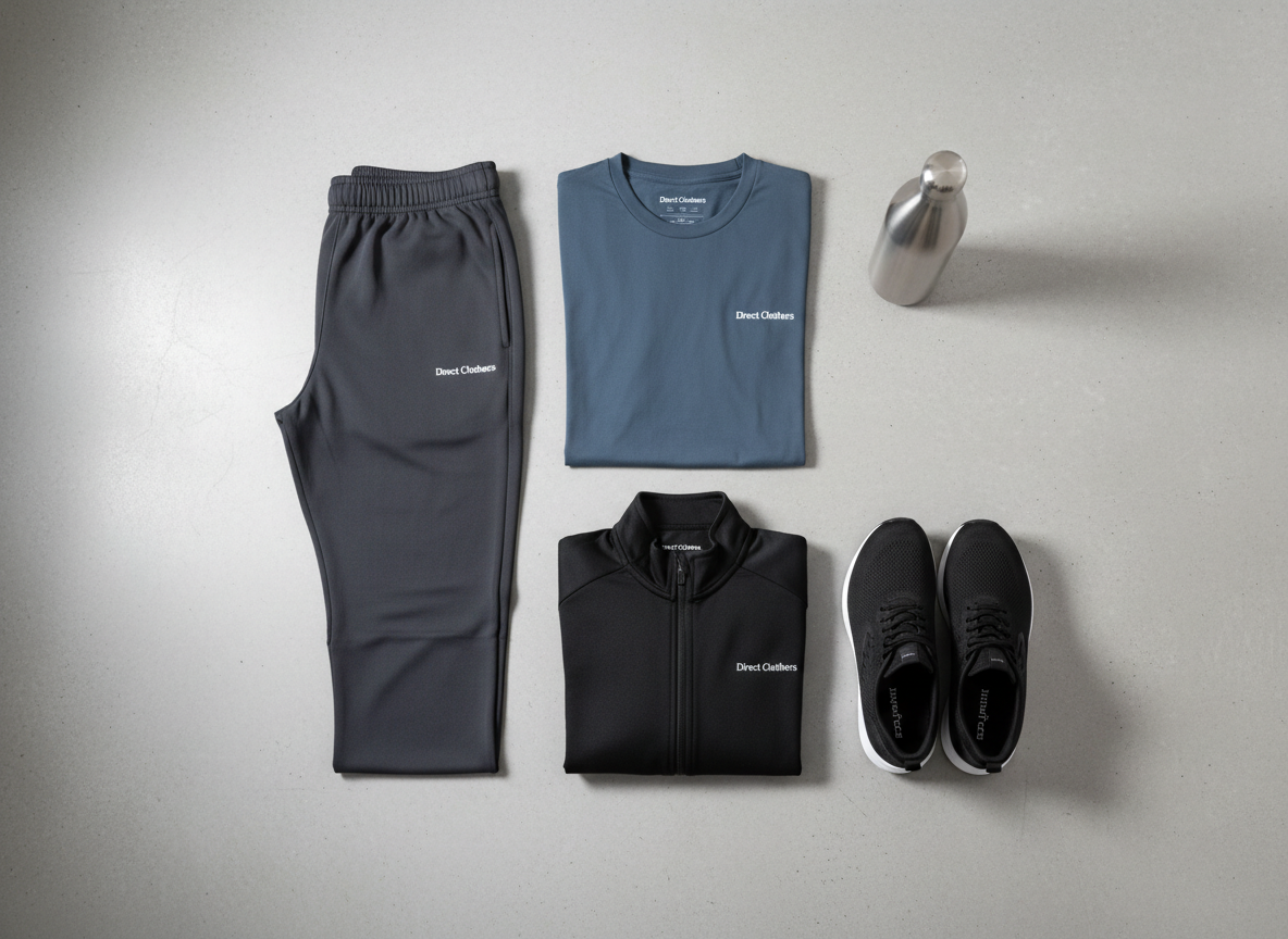 A meticulously arranged flat lay of premium men’s athletic wear branded with a small, tasteful “Direct Clothers” logo on each item. A pair of charcoal performance joggers, a slate-blue moisture‑wicking T‑shirt, and a black zip‑up training jacket are folded with precise, clean edges on a smooth, light grey concrete surface. A pair of matte black running shoes and a minimalist stainless steel water bottle complete the set. Soft studio lighting from the left creates gentle, professional shadows and subtle highlights on technical fabrics, emphasizing texture without harsh contrast. Shot from a true overhead, bird’s‑eye view with sharp focus throughout, the composition feels balanced and structured, embodying a modern corporate, photographic realism aesthetic suitable for a men’s athletic wear storefront.