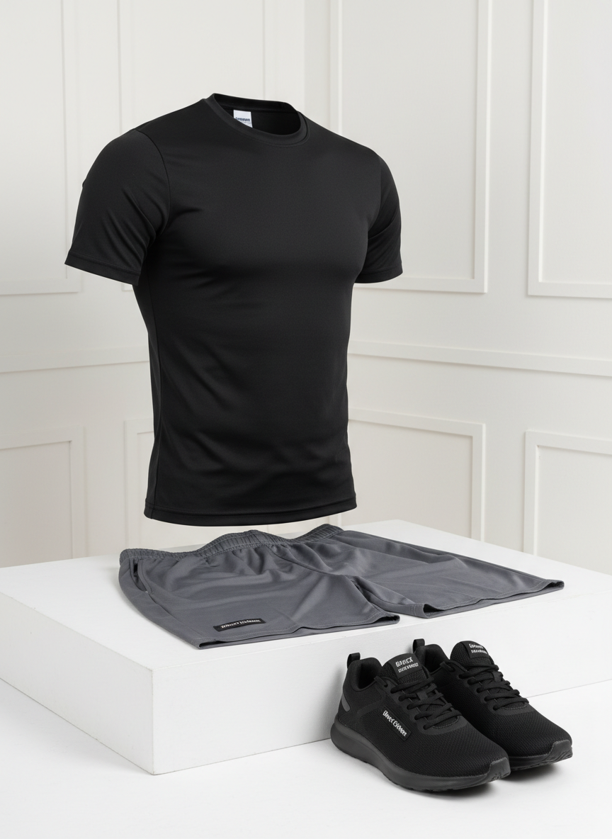 A single, high-end men’s athletic outfit laid out as if ready for a training session: a fitted black compression shirt, graphite training shorts, and streamlined black sneakers, each featuring a discreet “Direct Clothers” tag. The ensemble rests on a perfectly aligned, matte white platform against a neutral, off‑white studio backdrop, with clean vertical and horizontal lines subtly visible in the background panels. Diffused, even studio lighting eliminates harsh shadows, giving the fabrics a crisp, professional presence while revealing their subtle textures and seams. Captured at eye level with a slight three‑quarter angle, the composition uses the rule of thirds for a balanced corporate aesthetic, conveying precision, reliability, and performance in photographic realism.