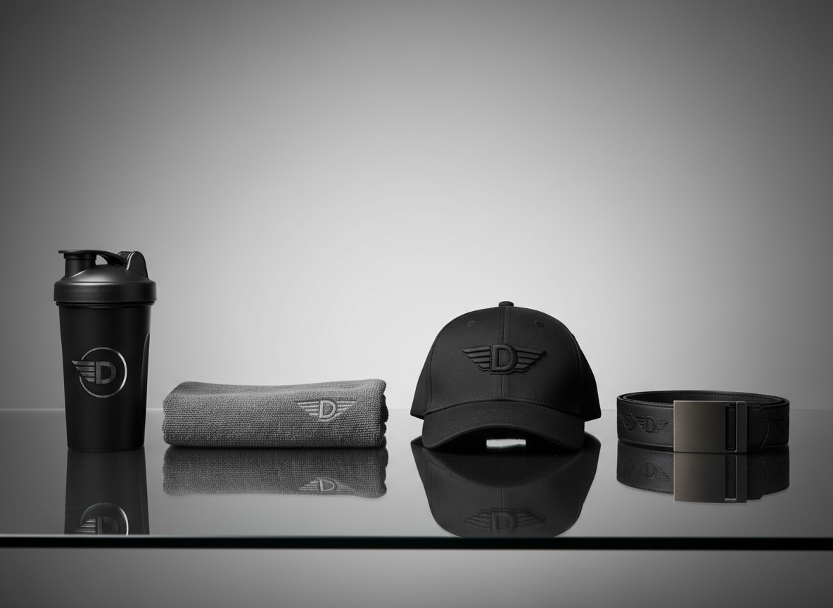 A sleek product lineup of Direct Clothers men’s athletic accessories arranged in a straight line on a reflective, dark grey glass surface: a matte black shaker bottle, minimalist gym towel, performance cap, and slim athletic belt, each with a consistent, understated logo treatment. The items are evenly spaced with precise alignment, reflecting subtly on the surface below. The background is a softly graduated neutral tone, transitioning from medium grey at the base to light grey at the top. Soft studio lighting from both sides produces clean, symmetrical highlights and minimal shadows, emphasizing form and material quality. Captured from a low, horizontally level angle with sharp focus and lots of negative space, the composition feels corporate, refined, and ideal for a professional athletic wear catalog.